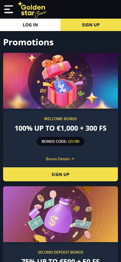 Golden Star Casino promotions interface on an Android mobile device