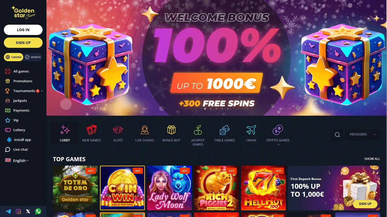 Golden Star Casino home interface on a desktop computer