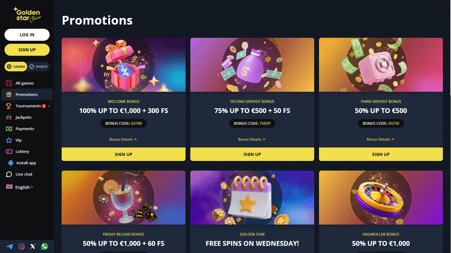 Golden Star Casino promotions interface on a desktop computer